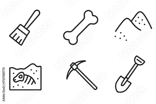 Paleontology Icon Set. Line style icons of paleontology basics: brush, bone, sand, excavation site, pickaxe, shovel. No text, No