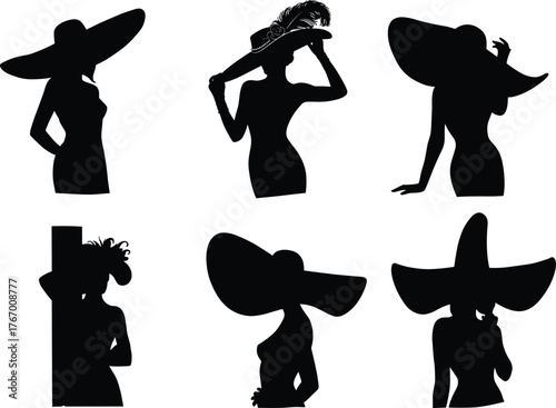 Elegant women silhouette set, wide brim hat fashion, stylish dress design, vector illustration, chic poses, cultural artwork, stock design, fashion art