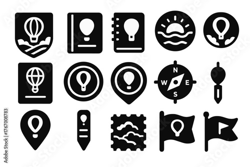 Balloon Travel Adventure Icons. Solid style icons of Balloon travel adventure: adventure badge, travel journal, pilot logbook,