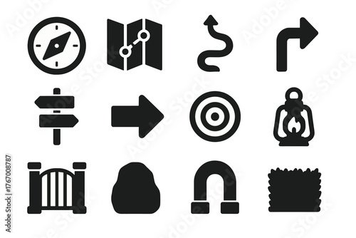 Maze Navigation Icons. Solid style icons of Maze Navigation: Compass, Map, Path, Turn, Signpost, Arrow, Center, Lantern, Gate,