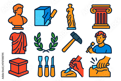 Classical Sculpture Icons. Flat vector icons of Classical Sculpture: bust, marble, chisel, pedestal, statue, column, toga, laurel