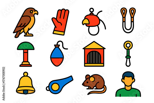 Raptor Handling Icons. Flat vector icons of Raptor Handling: falcon, glove, hood, jess, perch, lure, mews, tether, bell, whistle,