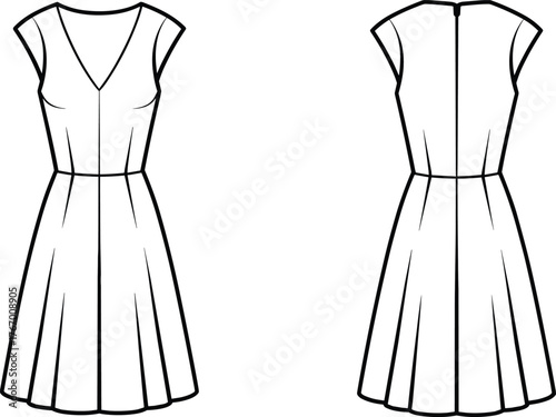 Cap sleeve dress sketch, fashion illustration, V-neck bodice, flared skirt, technical drawing, garment design, back view, vector template, apparel flat