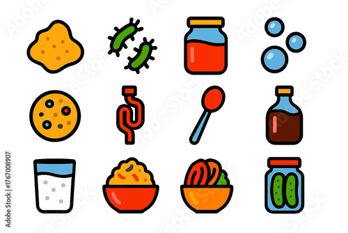Fermentation Ingredient Icons. Flat vector icons of Fermentation Ingredients: yeast, bacteria, jar, bubbles, culture, airlock,