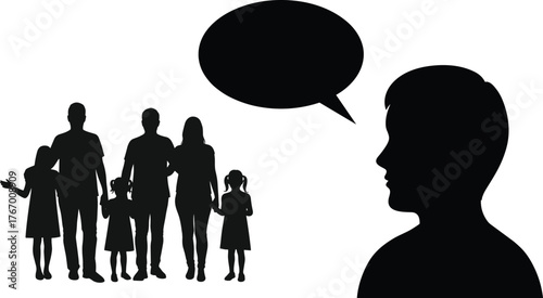 Family silhouette illustration, group of people, child speaking, communication concept, parenting, children, unity, social interaction, community, relationship, support, lifestyle, teamwork