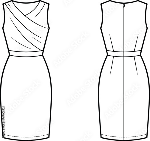 Fashion flat sketch, sleeveless dress, technical illustration, knee-length garment, asymmetrical drape, fitted bodice, waistband detail, back view, vector design