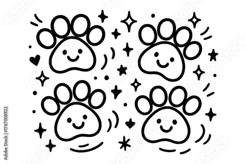 Playful Paw Prints. Adorable doodle vector design of playful paw prints with smiling faces, hopping around among doodle sparkles,