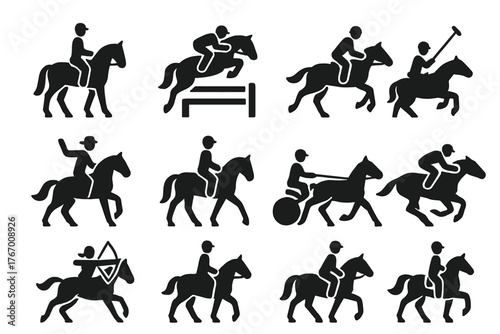 Equestrian Sports Icons. Solid style icons of Equestrian Sports: dressage rider, show jumping horse, cross country obstacle, polo