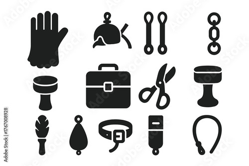 Falconry Equipment Icons. Solid style icons of Falconry Equipment: falconer glove, training hood, leather jesses, swivels, perch