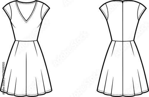 Cap sleeve dress sketch, fashion illustration, V-neck bodice, pleated skirt, technical drawing, garment design, back view, vector template, apparel flat