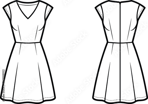 Cap sleeve dress sketch, fashion illustration, V-neck bodice, pleated skirt, technical drawing, garment design, back view, vector template, apparel flat