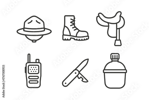 Ranger Gear Icons. Line style icons of patrol equipment: ranger hat, boots, horse saddle, radio, pocket knife, canteen. No text,