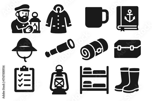 Lighthouse Keeper Icons. Solid style icons of Lighthouse keeper lifestyle: lantern polish, weather coat, coffee mug, nautical