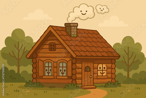 Cozy Log Cabin. Cozy log cabin with smiling windows, smoke curling from the chimney shaped like happy clouds