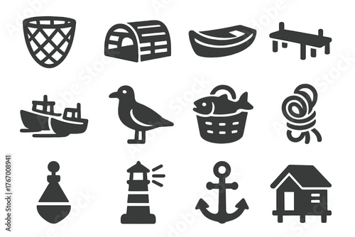 Fishing Village Icons. Solid style icons of Fishing Village: fishing net, wooden lobster trap, small dinghy, wooden pier, docked