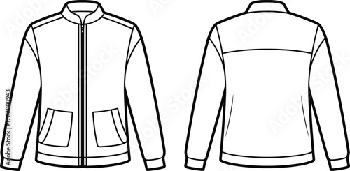 Jacket technical flat sketch, front and back view, fashion drawing, garment design, apparel illustration, zipper closure, ribbed collar, cuffs