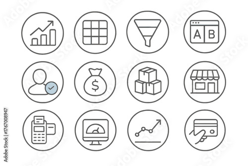 Retail Analytics Icons. Line style round icons of retail analytics: sales chart, foot traffic heatmap, conversion funnel, A/B test