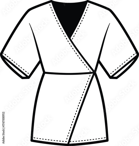 Kimono robe sketch, fashion illustration, wide sleeve design, wrap style, technical drawing, garment construction, vector template, cultural clothing, apparel flat