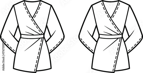 Kimono robe sketch, fashion illustration, wrap design, long sleeve garment, stitching detail, technical drawing, garment construction, vector template, apparel flat