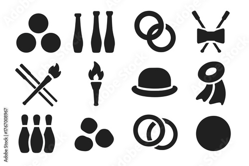 Solid Juggling Props Icons. Solid style icons of Juggling Props: juggling balls, juggling pins, juggling rings, diabolo, devil