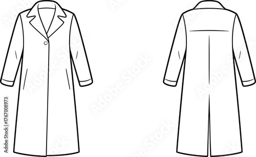 Long coat sketch, fashion illustration, notched lapel, single button closure, cuffed sleeves, technical drawing, garment design, vector template, apparel flat