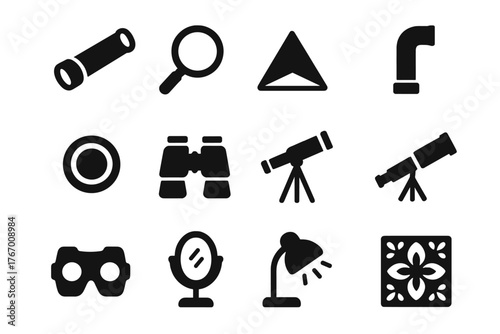 Optical Toys Icons. Solid style icons of Optical Toys: Kaleidoscope, Magnifying Glass, Prism, Periscope, Lens, Binoculars,