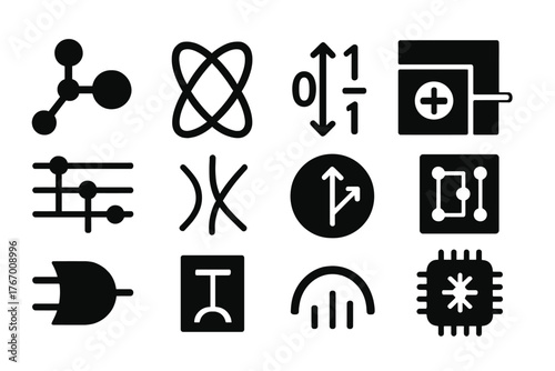 Quantum Computing Icons. Solid style icons of Quantum Computing: qubit node, entanglement loop, superposition symbol, quantum gate