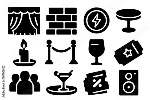 Club Stage Icons. Solid style icons of Club stage and ambiance: curtain backdrop, wood floor, brick wall, neon sign, round table,