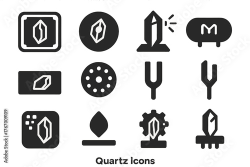 Quartz Science Icons. Solid style icons of Quartz in science and tech: piezoelectric chip, quartz watch part, laser crystal,