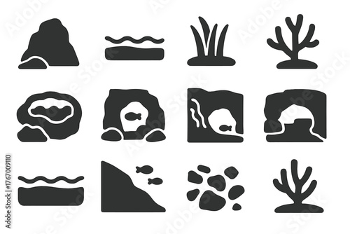 Coral Reef Icons. Solid style icons of Coral reef environment: reef rock, sandy seabed, seagrass patch, coral branch, tide pool,