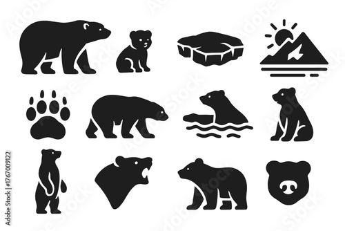 Polar Bear Icons. Solid style icons of Polar Bear: adult polar bear, polar bear cub, ice floe, Arctic landscape, paw print, bear