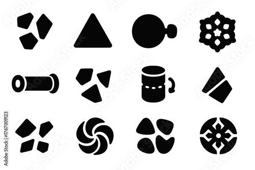 Kaleidoscope Elements. Solid style icons of Kaleidoscope: colored glass pieces, triangular mirror, turning end cap, symmetrical