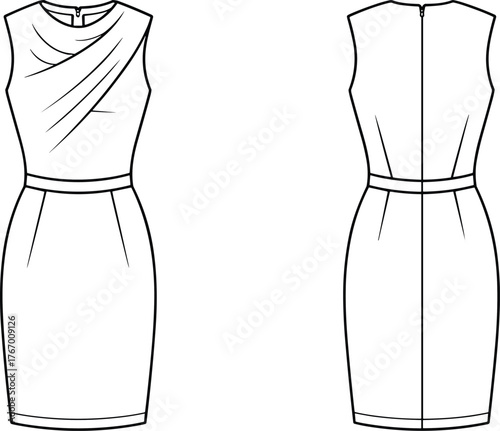 Sleeveless sheath dress sketch, fashion illustration, draped neckline, fitted waist, technical drawing, garment design, back view, vector template, apparel flat