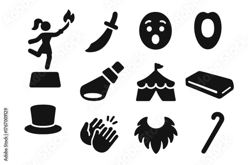 Circus Thrills Icons. Solid style icons of Circus Thrills: Performance, Curved Sword, Audience Gasp, Throat, Top Hat, Spotlight,