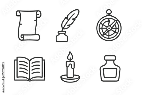 Renaissance Essentials Icons. Line style icons of Renaissance basics: scroll, quill, astrolabe, manuscript, candle, ink bottle. No