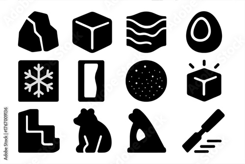 Ice Art Icons. Solid style icons of Ice Art Techniques: rough cut, smooth polish, layered carving, hollowed design, relief carving