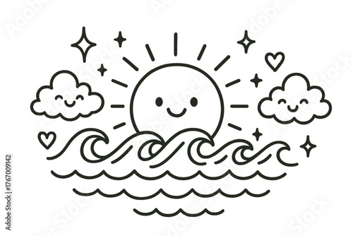Doodle Sunset Joy. Charming doodle vector composition of a smiling sunset dipping behind doodle waves, surrounded by sparkly stars