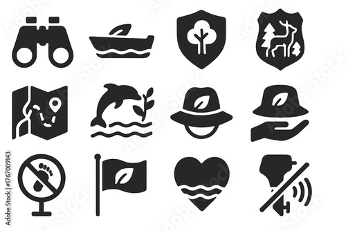 Eco Tourism Icons. Solid style icons of Eco Tourism: binocular symbol, green boat, protected area, wildlife badge, nature map,