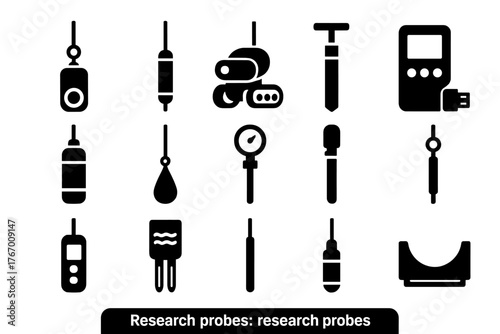 Research Probe Icons. Solid style icons of Research Probes: drop camera, sensor probe, robotic probe, core sampler, water sampler,