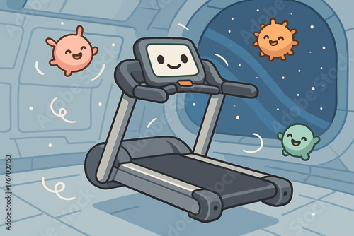 Floating Treadmill Fun. Friendly treadmill in zero-gravity simulator, tiny critters floating alongside with grins