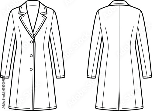 Women's coat technical sketch, fashion flat drawing, tailored long coat design, notched lapel, formal outerwear, garment construction, clothing template, vector illustration