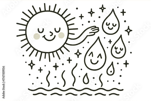 Sun and Evaporating Droplets. Whimsical doodle vector illustration of a smiling sun helping evaporation, with happy water droplets