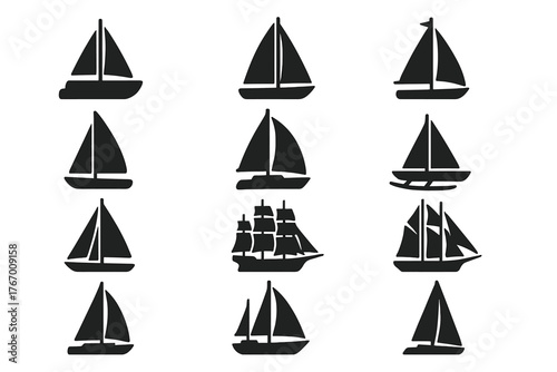 Sailboat Icons Collection. Solid style icons of Sailboat types: catamaran, sloop, schooner, dinghy, ketch, trimaran, cutter, yawl,