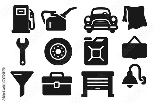 Retro Mechanic Icons. Solid style icons of Retro Mechanic Shop: Petrol Pump, Oil Can, Classic Car, Rag, Wrench, Tire, Gas Can,
