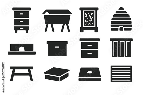 Beehive Icons Collection. Solid style icons of Beehive Structures: Langstroth hive, top bar hive, observation hive, skep basket,
