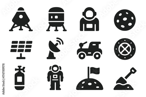 Moon Base Icons. Solid style icons of Moon Base: lunar lander, habitat module, astronaut, crater surface, solar panels,