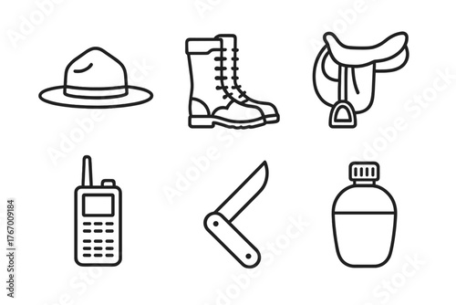Ranger Gear Icons. Line style icons of patrol equipment: ranger hat, boots, horse saddle, radio, pocket knife, canteen. No text,
