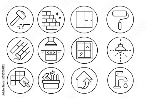 Renovation Icon Set. Line style round icons of renovation & remodeling: sledgehammer, wall removal, room layout, paint roller;