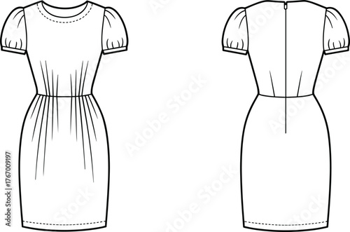Women's puff sleeve dress technical sketch, front and back view, fashion flat drawing, garment design, pattern making, clothing illustration, gathered skirt