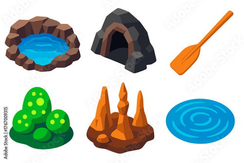 Subterranean River Icons. Isometric vector illustration set Subterranean River: Underground Lake, Cave Entrance, Canoe Paddle,